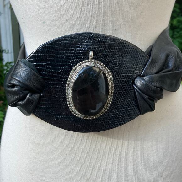 Handmade Leather Belt OOAK Tie Wrap 42" Black Embellished Reptile Bohemian Artsy - Picture 1 of 9
